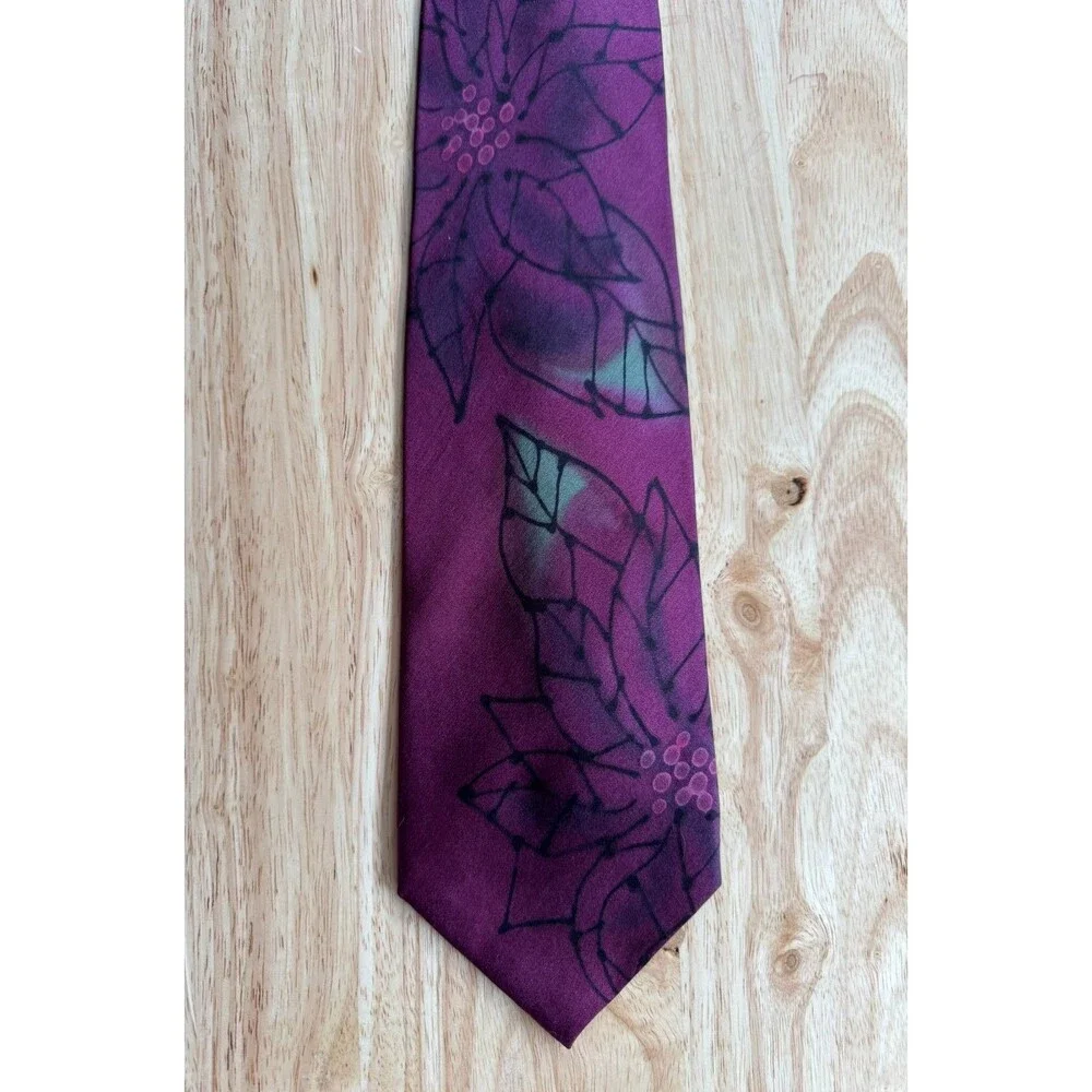 Robert Daskal Wayne Furman Hand Painted Silk Tie Burgundy Floral Wearable Art